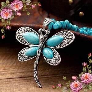 Vintage Western style Cowboy Inspired Turquoise Dragonfly Beads Necklace Pendant